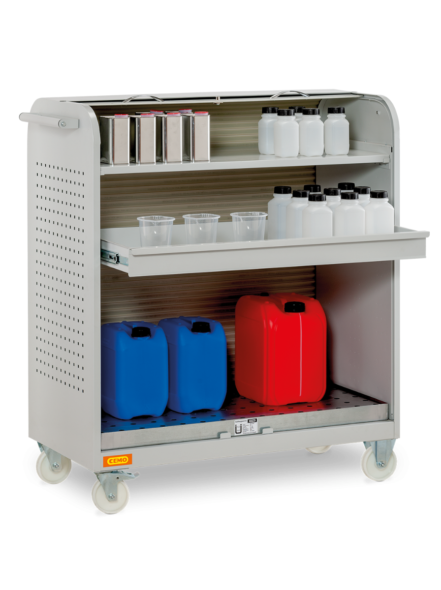 Veszélyes anyag tároló, görgőkkel